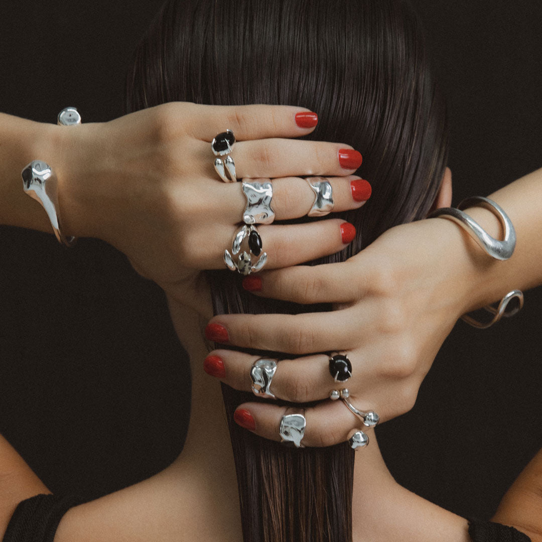 F+H Studios | Cluster Gemstone Ring - NASH + BANKS | Solid Sterling Silver + Dalmatian Jasper + Onyx