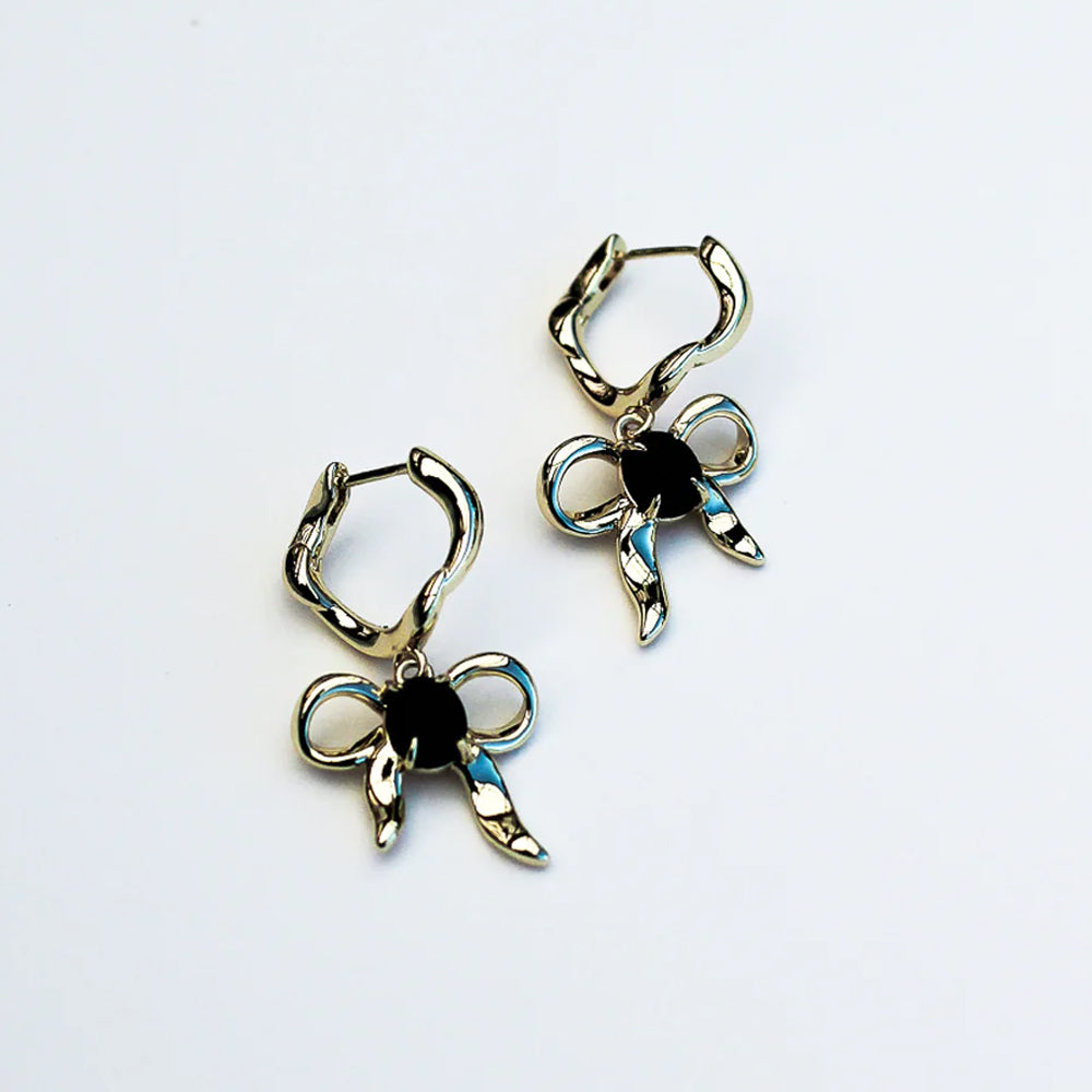 F+H Studios | Bow Charm Earrings | 18k Gold Plating + Onyx