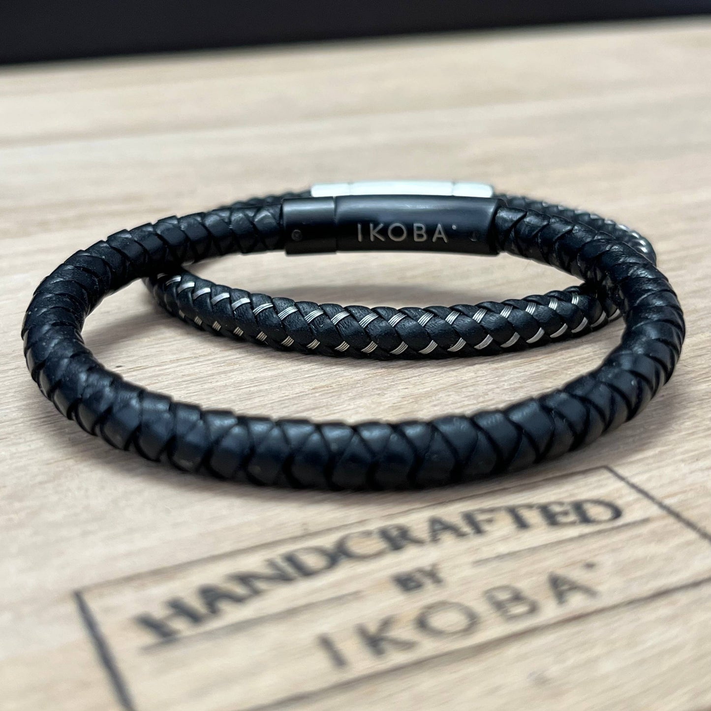 IKOBA | Men's Braided Leather Bracelet | Braided Black Leather + Steel