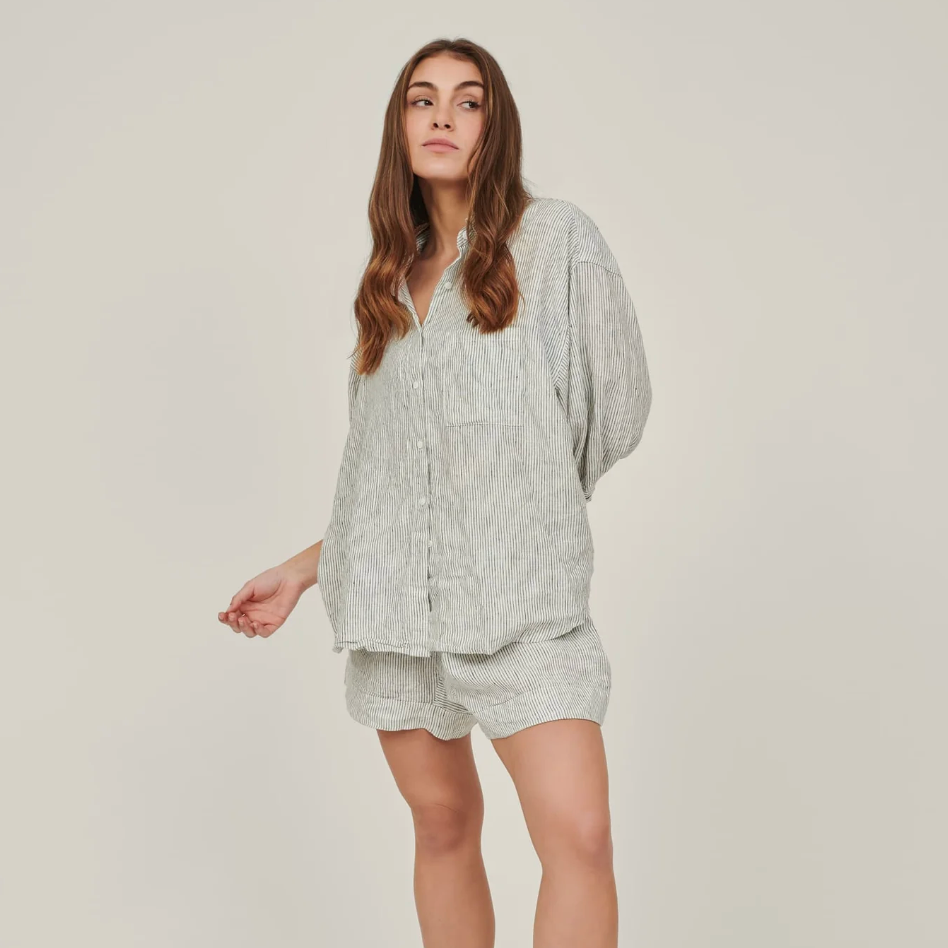 Carlotta & Gee - 100% Linen Pyjama Shirt in Pencil Stripes