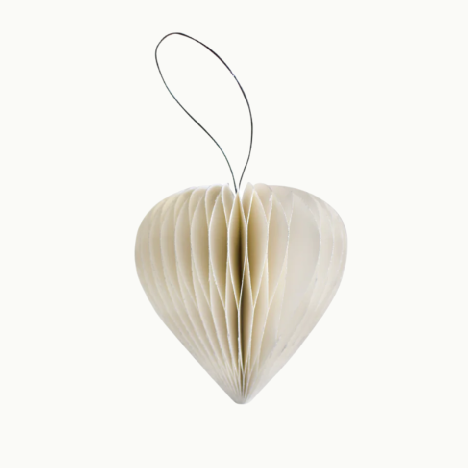 Paper Heart Christmas Ornament | Off-white w/ Silver Glitter Edge