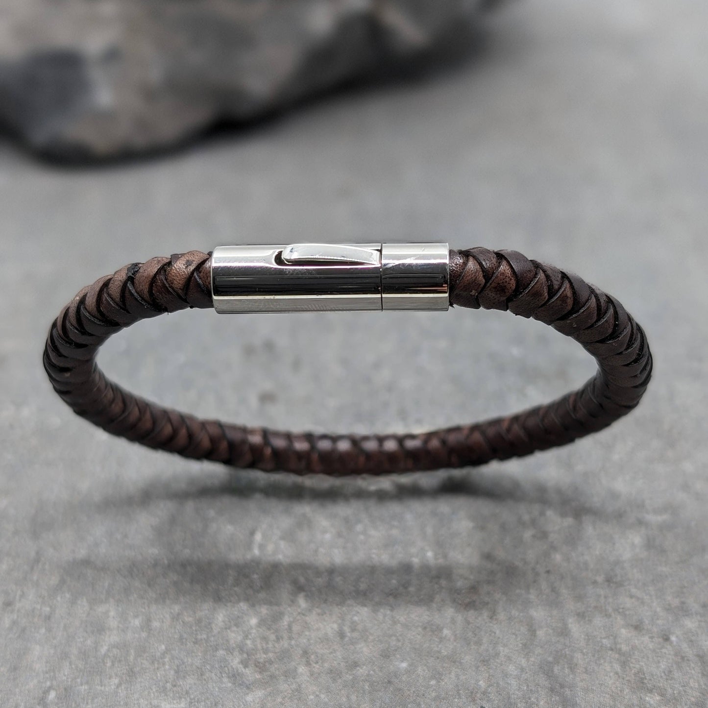 IKOBA - Men's Braided Leather Bracelet | Shiny Steel Brown