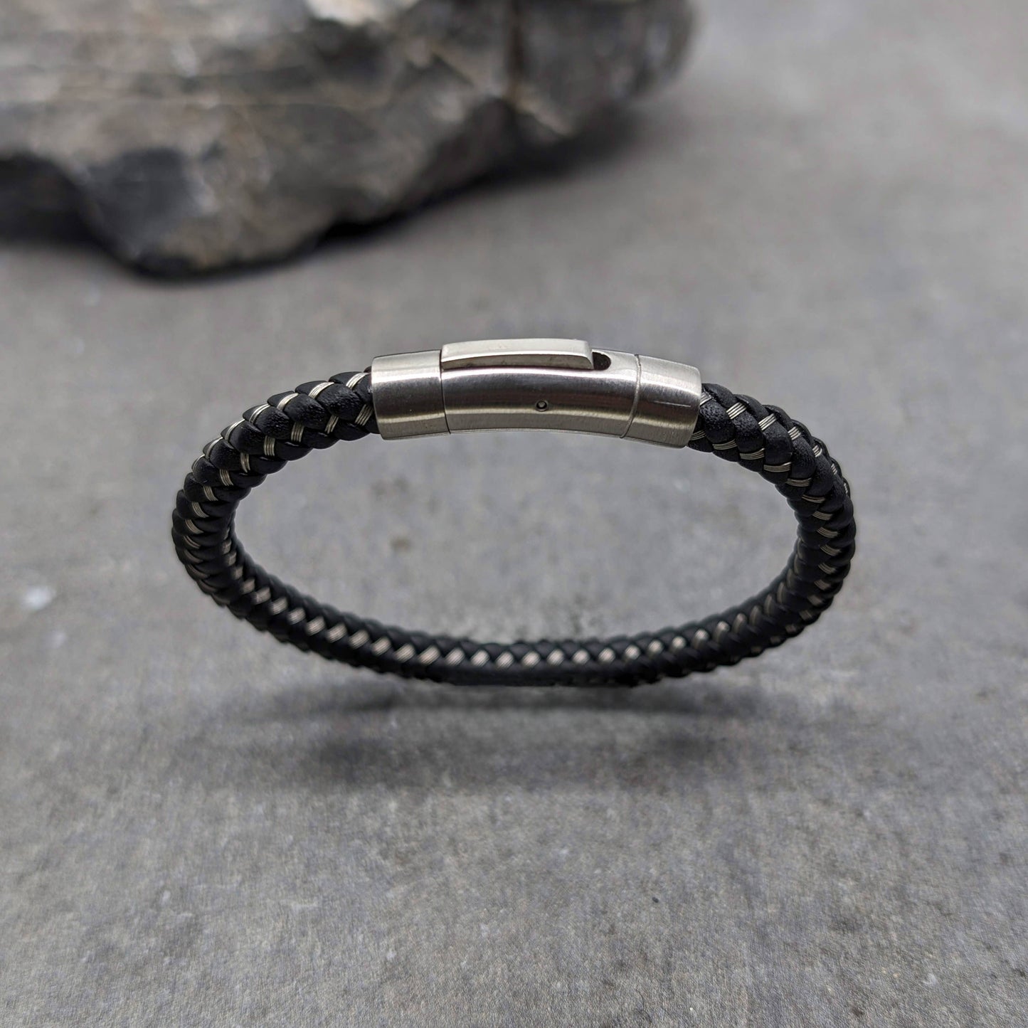 IKOBA | Men's Braided Leather Bracelet | Braided Black Leather + Steel