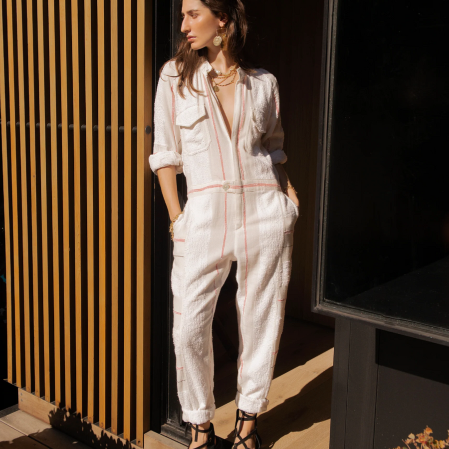ILIO NEMA Cream Hephaestus Boucle Stripe Boilersuit - Shop Australian Fashion Designers online at Nash + Banks