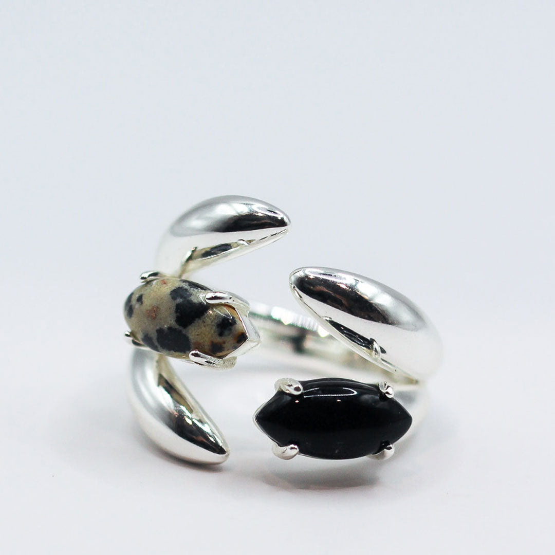 F+H Studios | Cluster Gemstone Ring - NASH + BANKS | Solid Sterling Silver + Dalmatian Jasper + Onyx