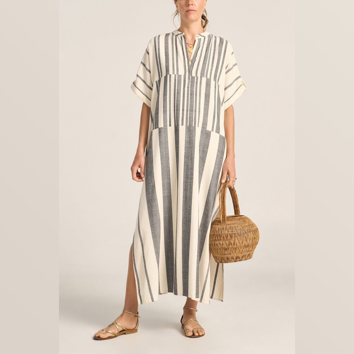 ILIO NEMA | Castor Caftan | Black and White Broken Stripe - NASH + BANKS