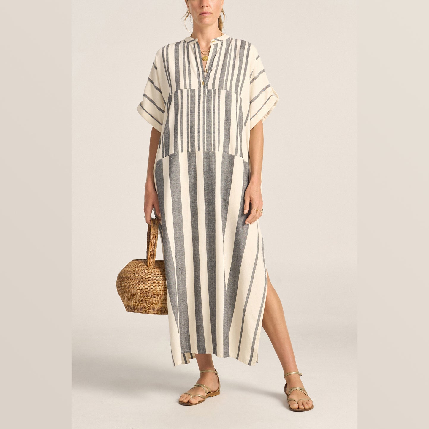 ILIO NEMA | Castor Caftan | Black and White Broken Stripe - NASH + BANKS