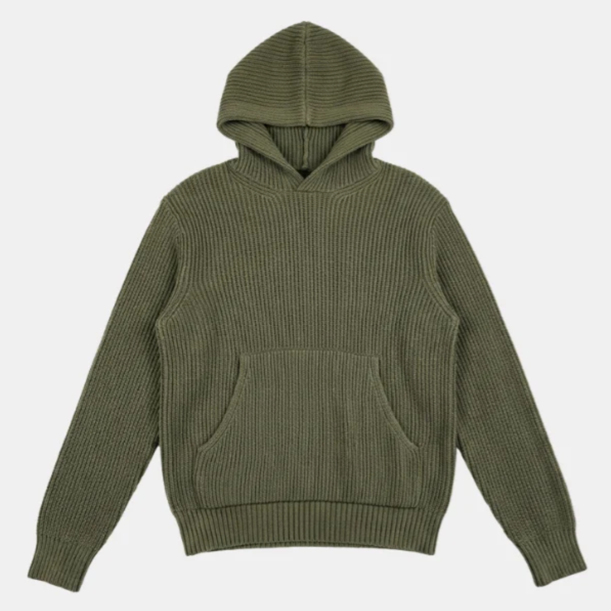 An olive green ribbed knit hoodie with a front kangaroo pocket, displayed flat against a light gray background.