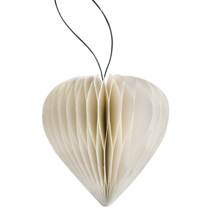 Off-White Paper Heart Christmas Ornament with Silver Glitter Edge