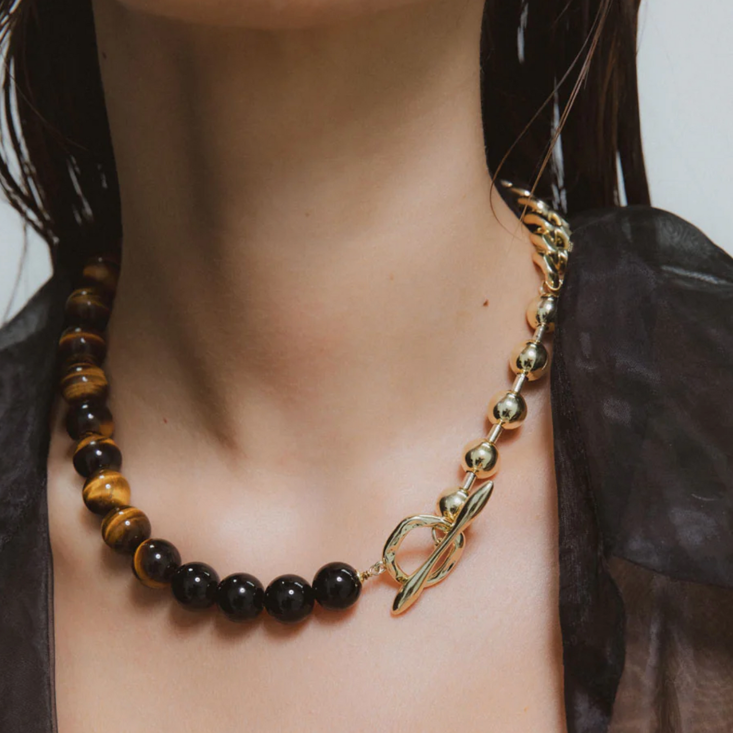F+H Studios | Primal Statement Necklace | 18k Gold Plating + Tiger's Eye + Onyx - NASH + BANKS