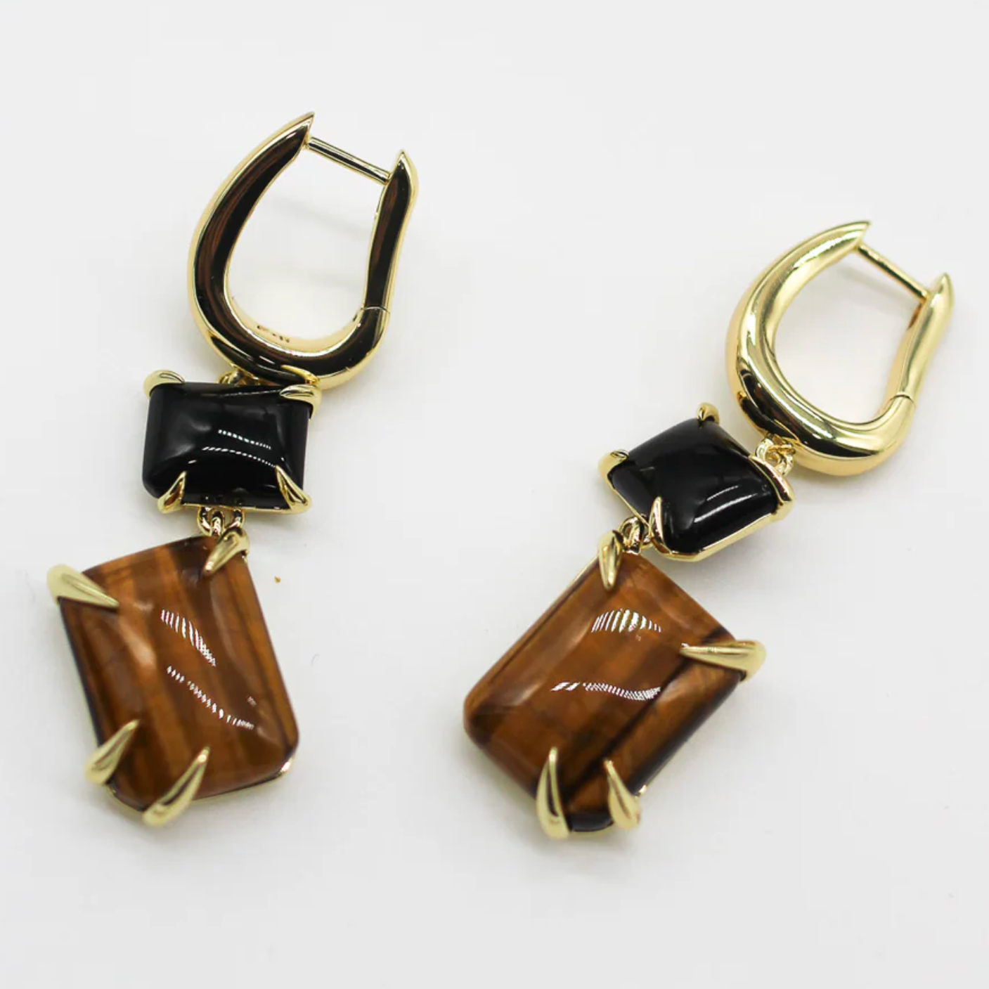 F+H Studios | Double Drop Claw Earrings | 18k Gold Plating + Onyx + Tiger's Eye - NASH + BANKS