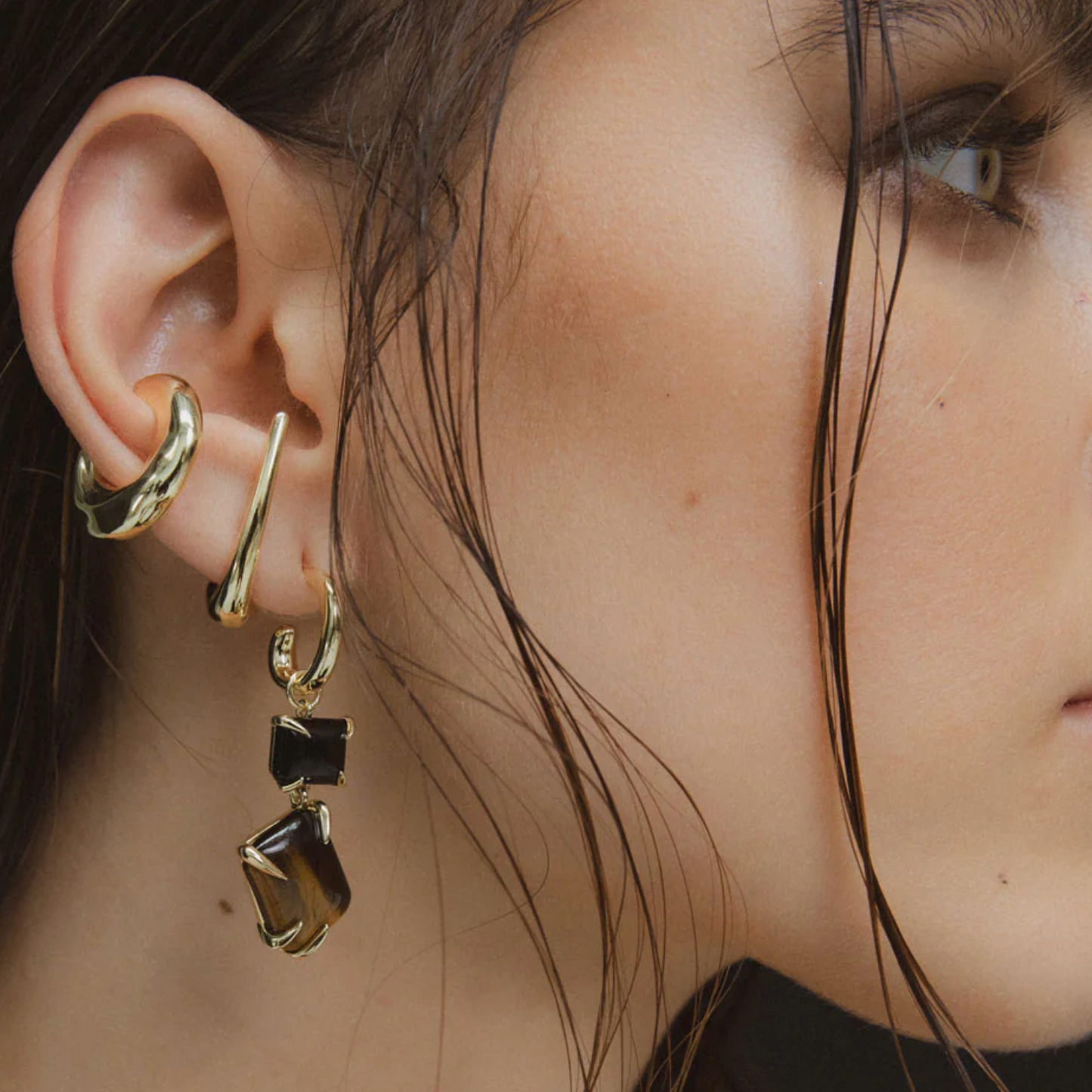 F+H Studios | Double Drop Claw Earrings | 18k Gold Plating + Onyx + Tiger's Eye - NASH + BANKS