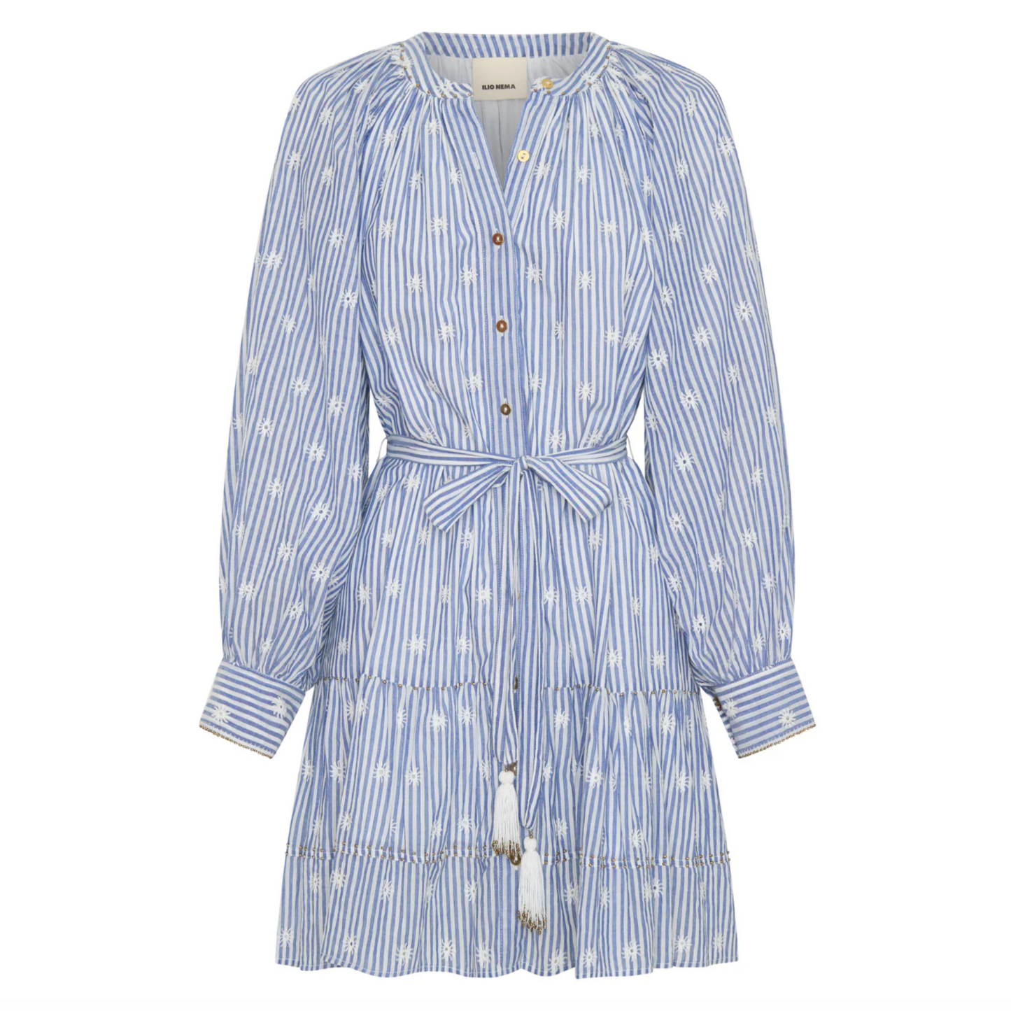 Blue and white striped dress with a belt on a white background