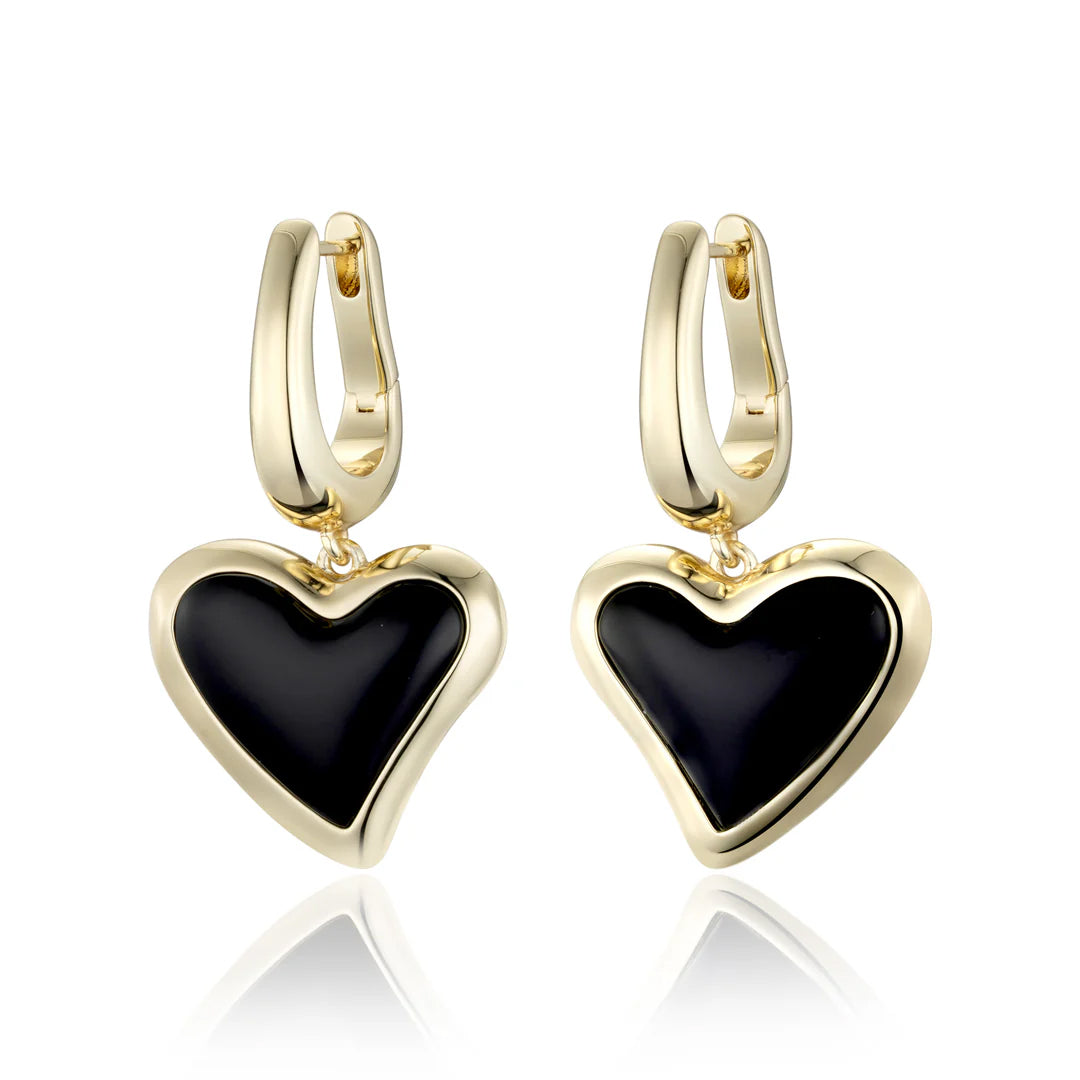 F+H Studios | Whitney Heart Charm Earrings | 18k Gold Plating + Onyx