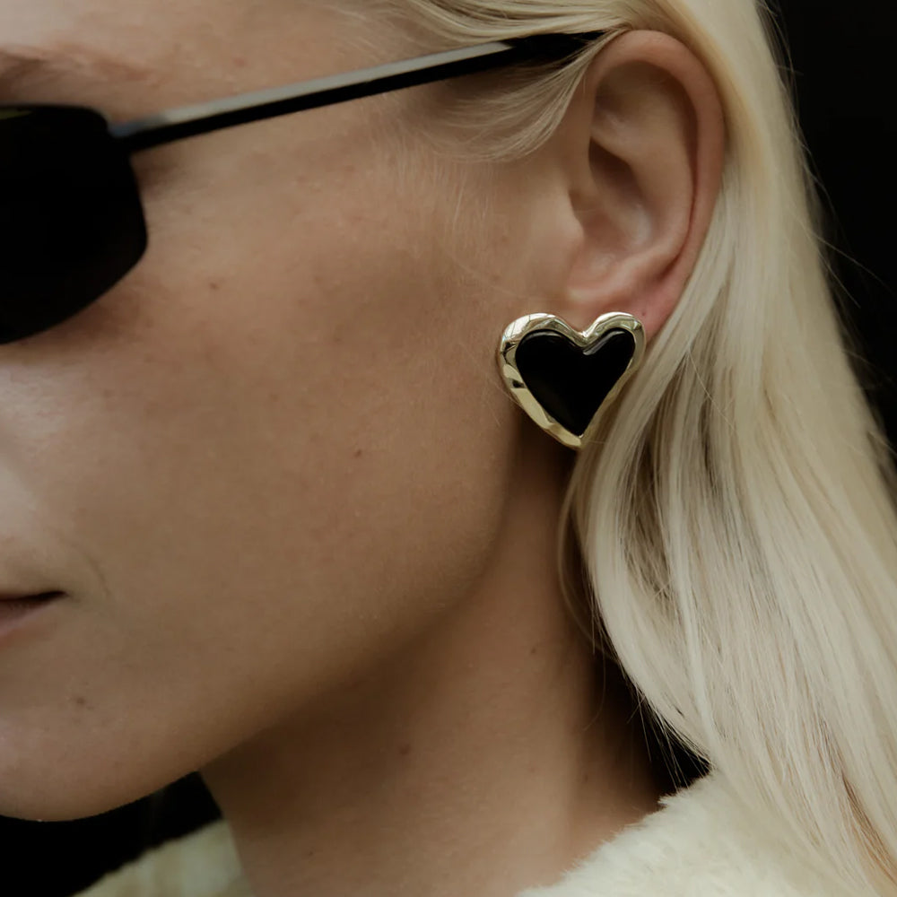 F+H Studios | Whitney Heart Statement Earrings | 18k Gold Plating + Onyx