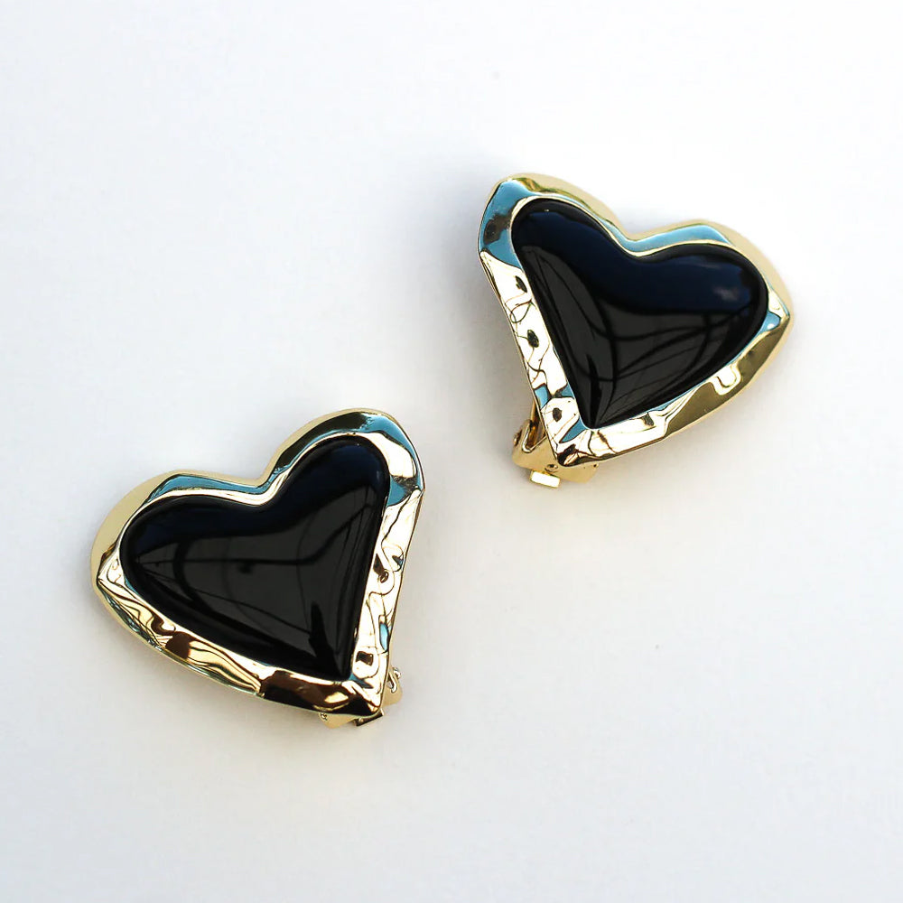 F+H Studios | Whitney Heart Statement Earrings | 18k Gold Plating + Onyx