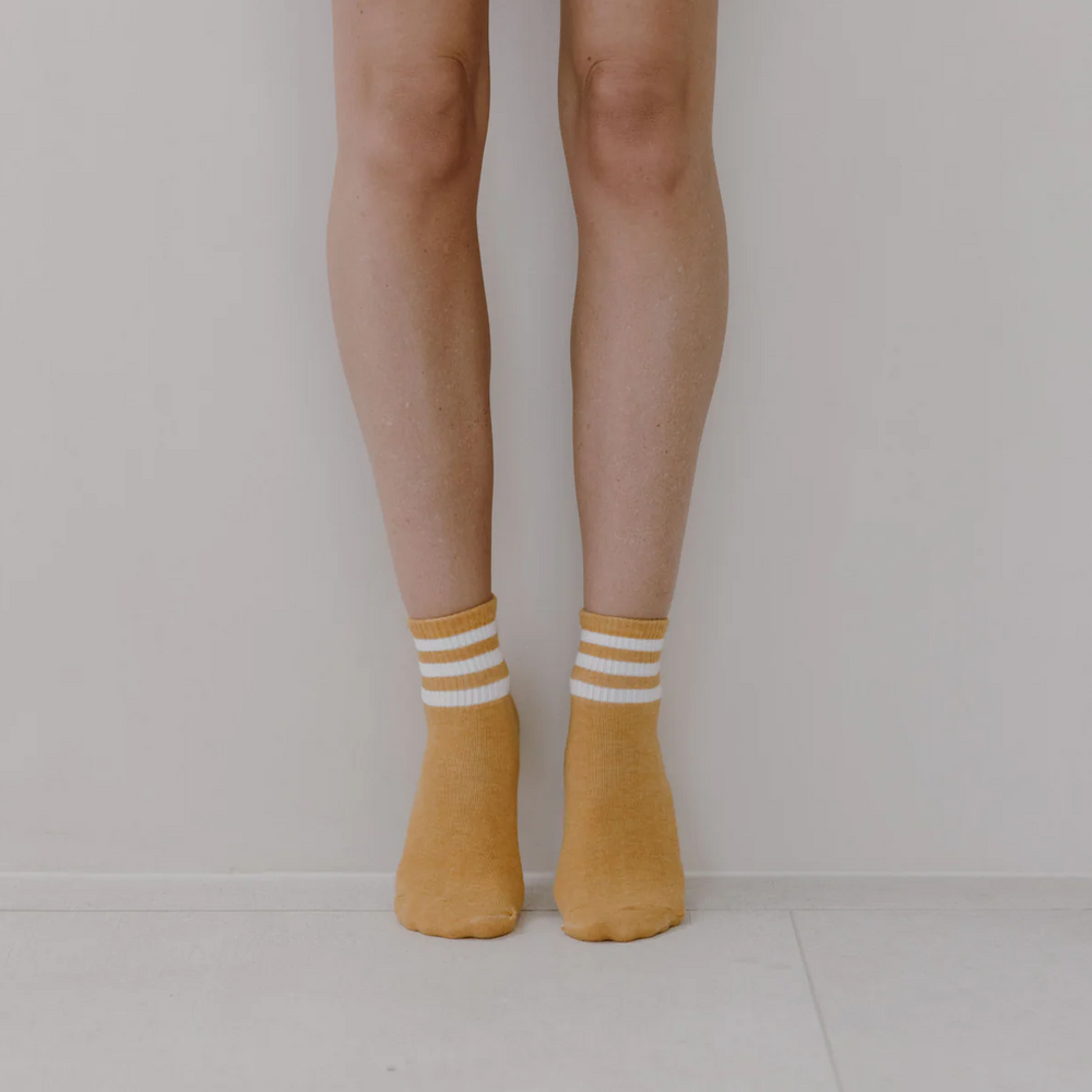 
                  
                    Cotton Ankle Socks | Mustard + White Stripe
                  
                