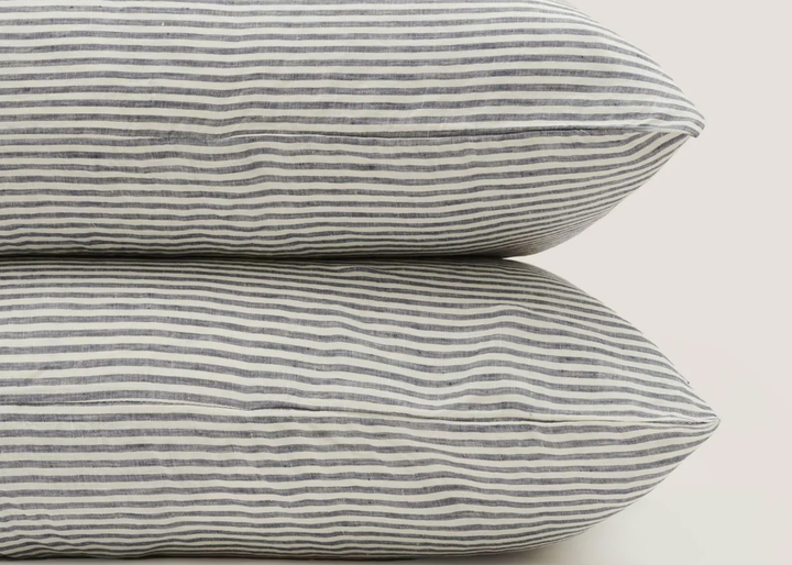 100% Linen Pillowcase Set (of two) in Blue Stripes